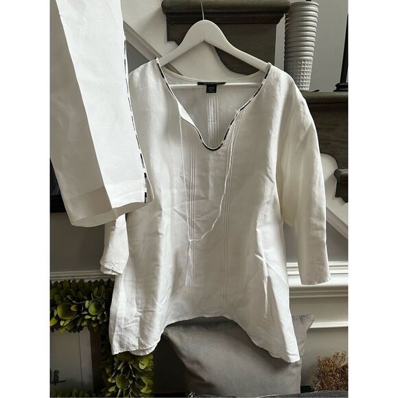 Ashley Stewart White Linen Blend Embroidery Tassel Tie Top sz 20W - Picture 1 of 6